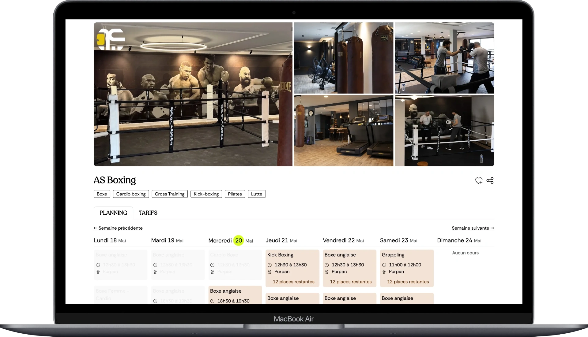 Planning d'une salle de boxe sur Fitmee