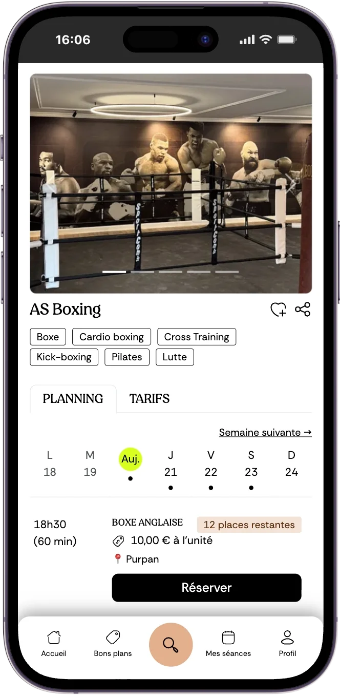 Réservation d'un cours de boxe sur l'app Fitmee