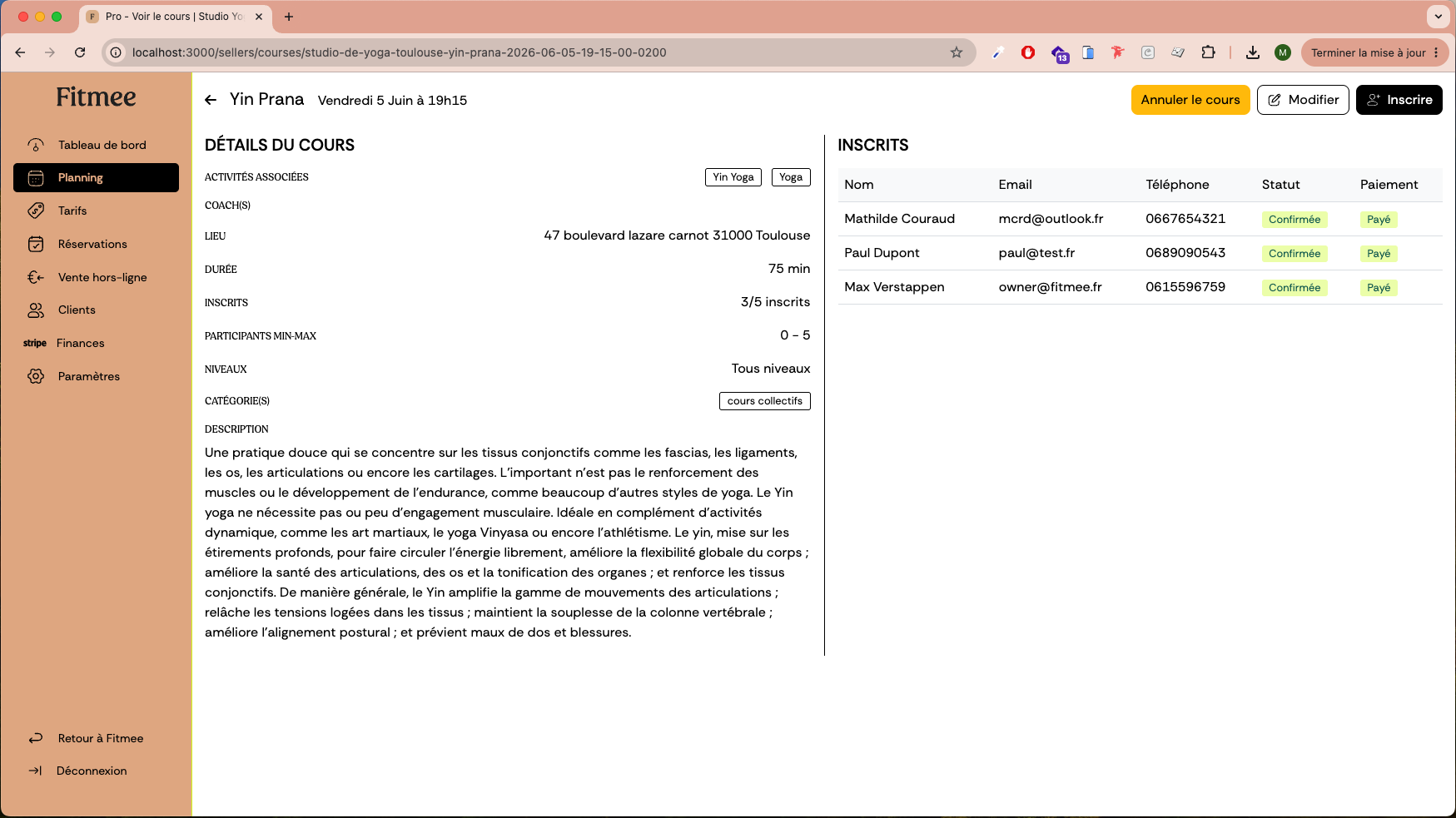 Aperçu du dashboard Fitmee Pro : planning, réservations et paiements