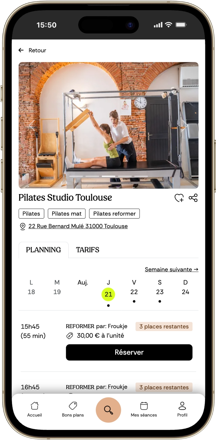 Application Fitmee — planning et réservation pour studio de pilates, yoga ou fitness