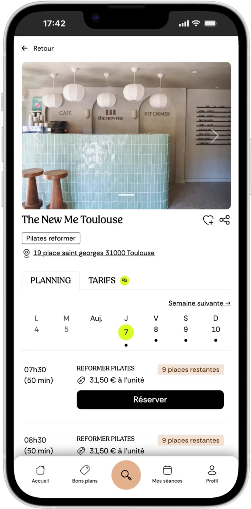 Application Fitmee — planning et réservations sur mobile