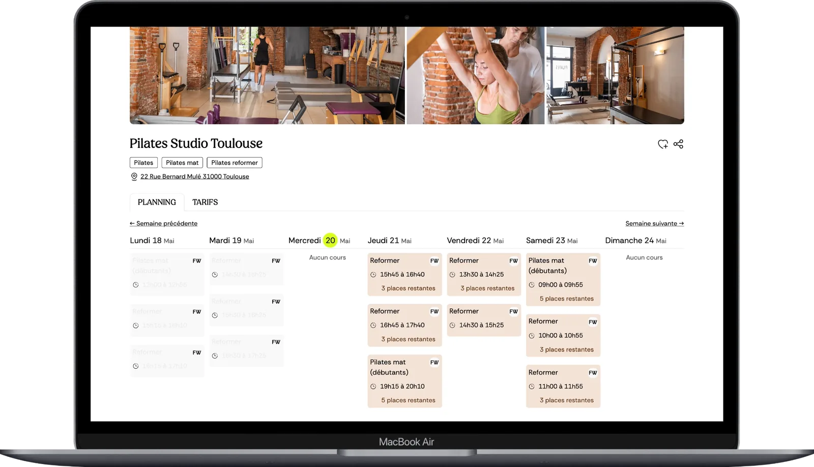 Planning hebdomadaire d'un studio de Pilates dans le logiciel Fitmee