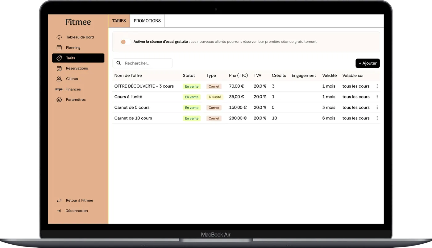Interface Fitmee — tableau de bord logiciel de gestion pour studio
