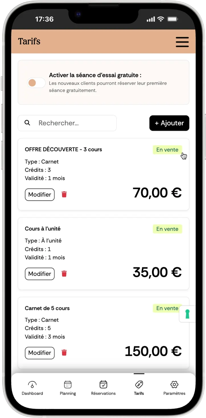 Interface pro Fitmee sur mobile — page Tarifs