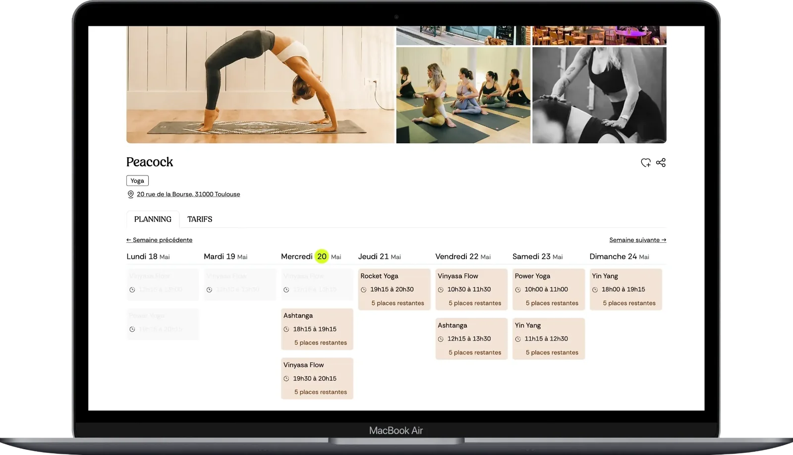 Planning d'un studio de yoga sur la plateforme Fitmee