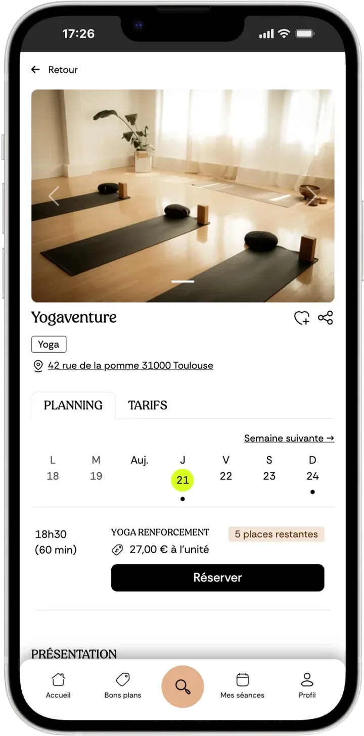 Réservation d'un cours de yoga sur l'app Fitmee