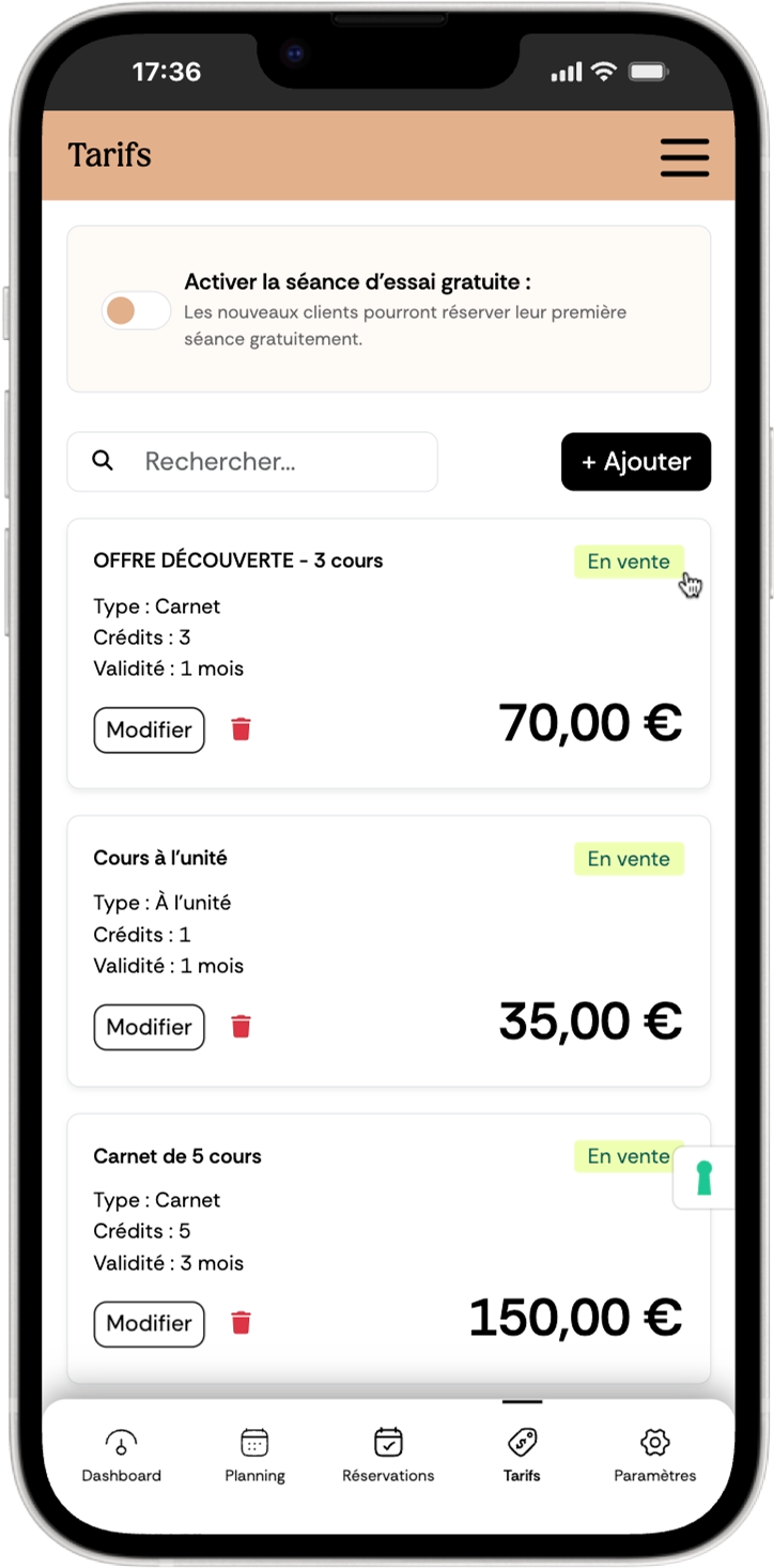 Aperçu de l'interface mobile Fitmee : gestion des tarifs, carnets et offres depuis l'application