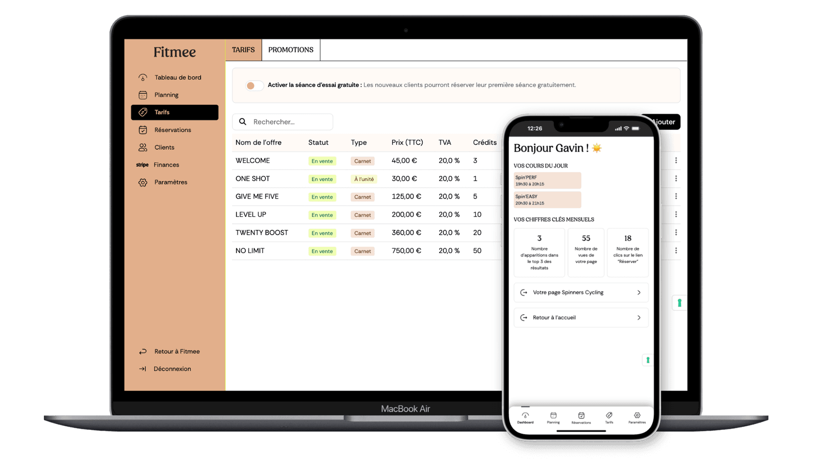 Interface du logiciel de réservation Fitmee : planning, créneaux et application mobile